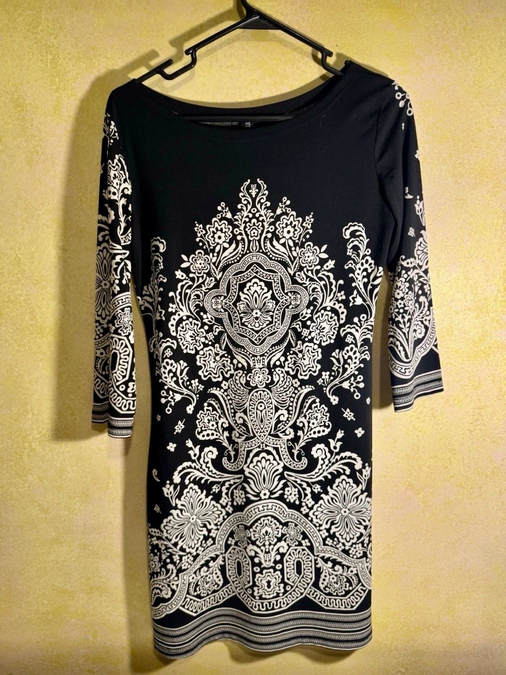 MT Collection Black and White Dress with Damask Floral Detail